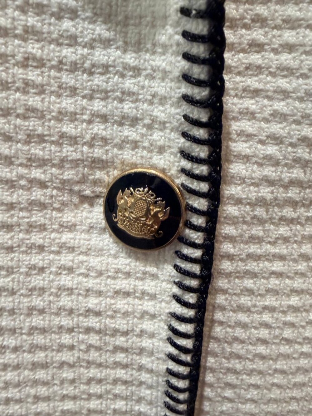 Zara Cream Blazer — Black Whipstitch Trim, Gold Crest Button